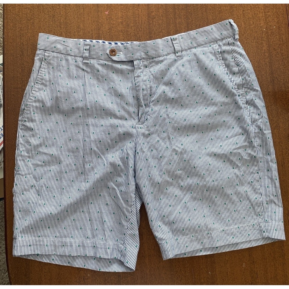 Brooks Brothers Chino Shorts‎ Men 36 Flat Front Blue White Pin Stripes Cotton